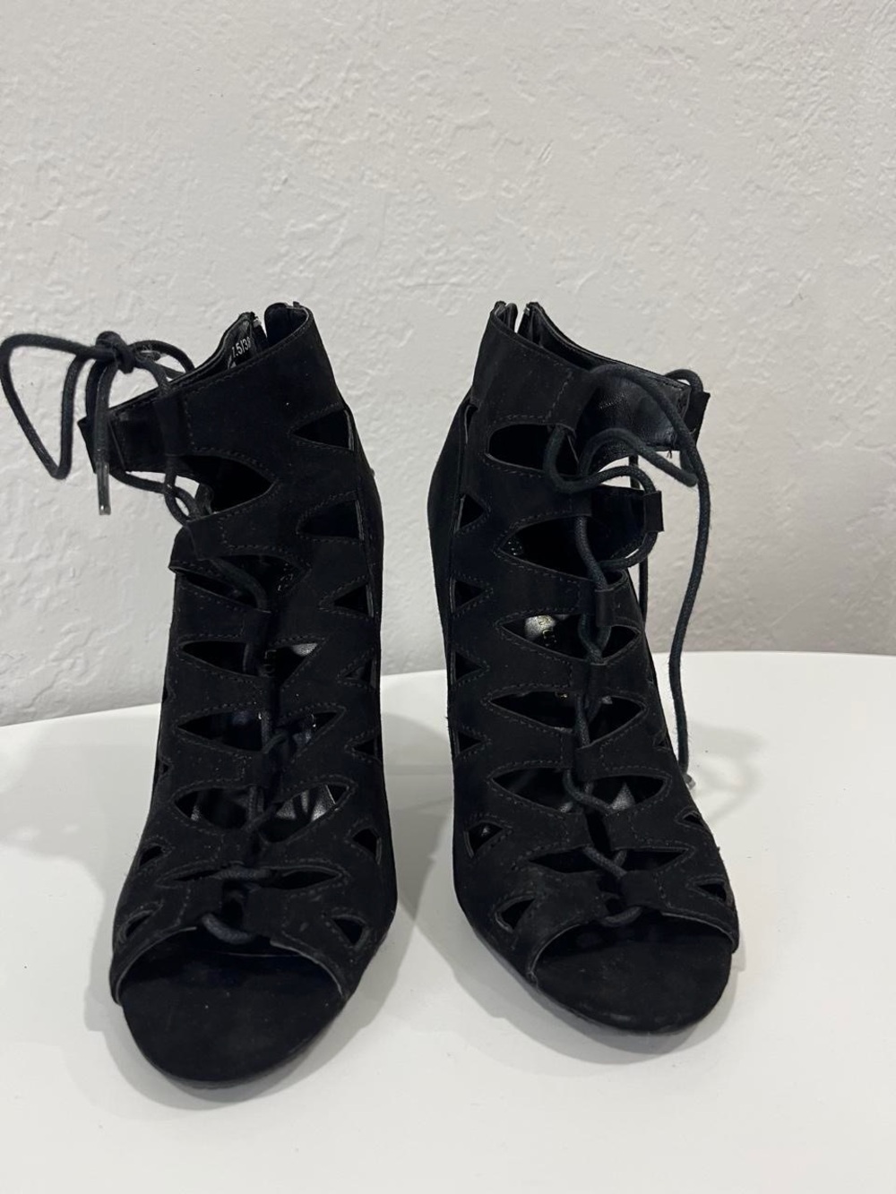 Chinese Laundry Black Lace-Up Cutout Peep-Toe Heels